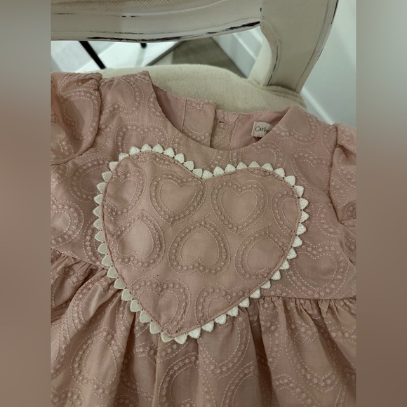 🦢 24 Mth Dusty Rose Embroidered Heart Baby Dress with White Trim 3 Piece Set NWT - Picture 12 of 13